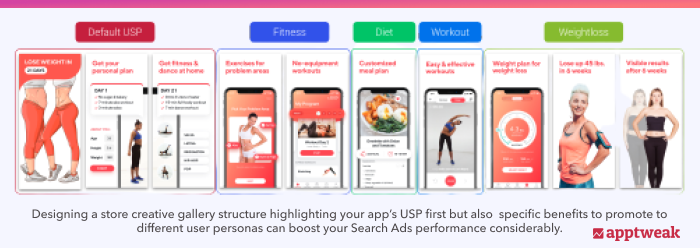App Store Creatives designed to leverage the rotation options from creative sets per adgroup App Store Creatives designed with Search Ads creative sets in mind